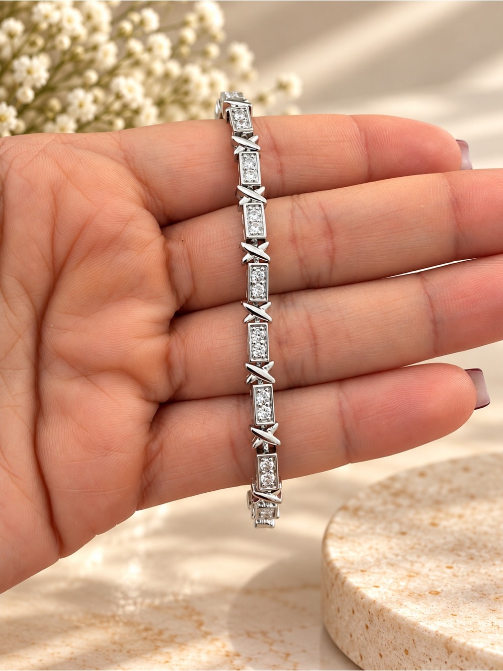 Sterling Silver Cubic Zirconia X-Link Tennis Bracelet - Silver